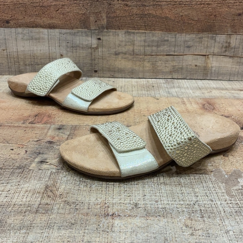 Vionic Samoa Sandals Womens Size 9 W 40 Gold Leather Slide Rhinestone Shoes